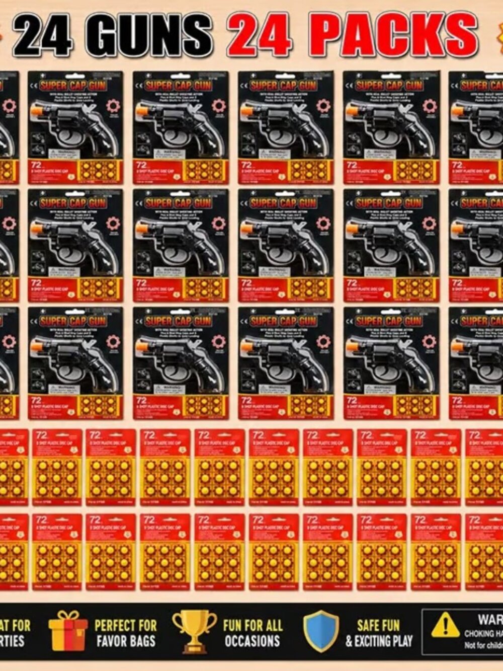 24 Pack Super Cap Gun Toy Set with 24 Guns & 24 Cap Packs Party Favor Bulk